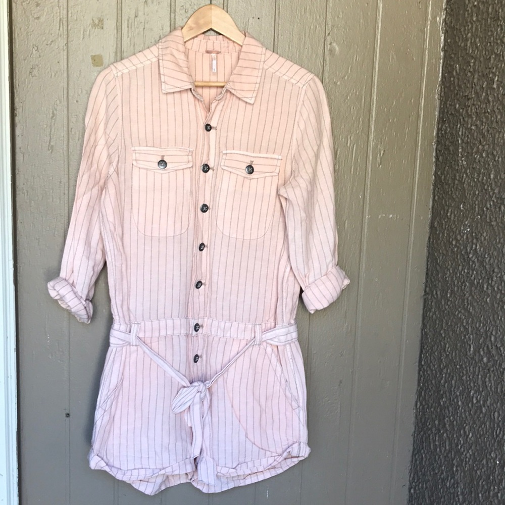 Free People Pink Striped Button-Front Romper